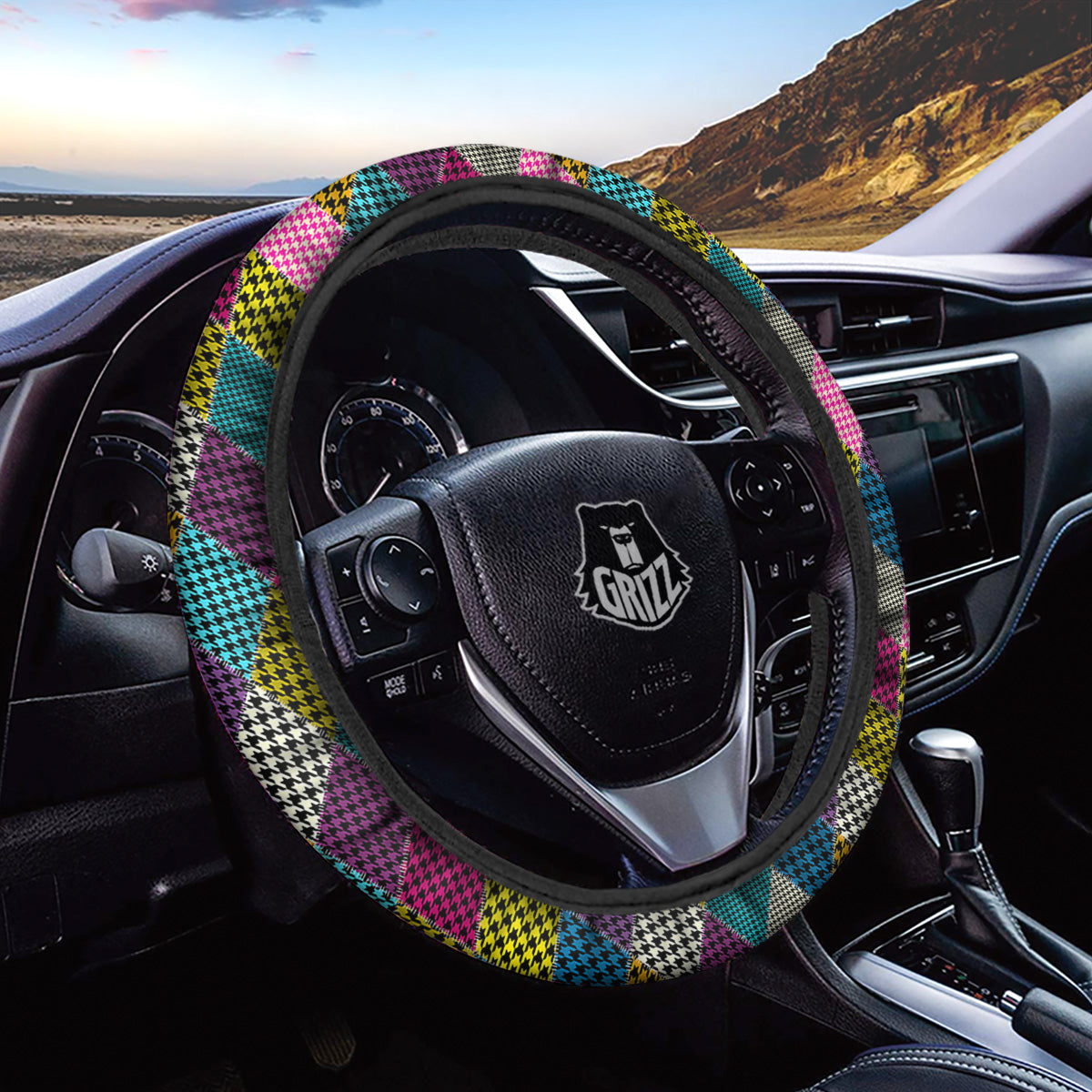 Rhombuses Houndstooth Colorful Print Pattern Car Steering Wheel Cover-grizzshop