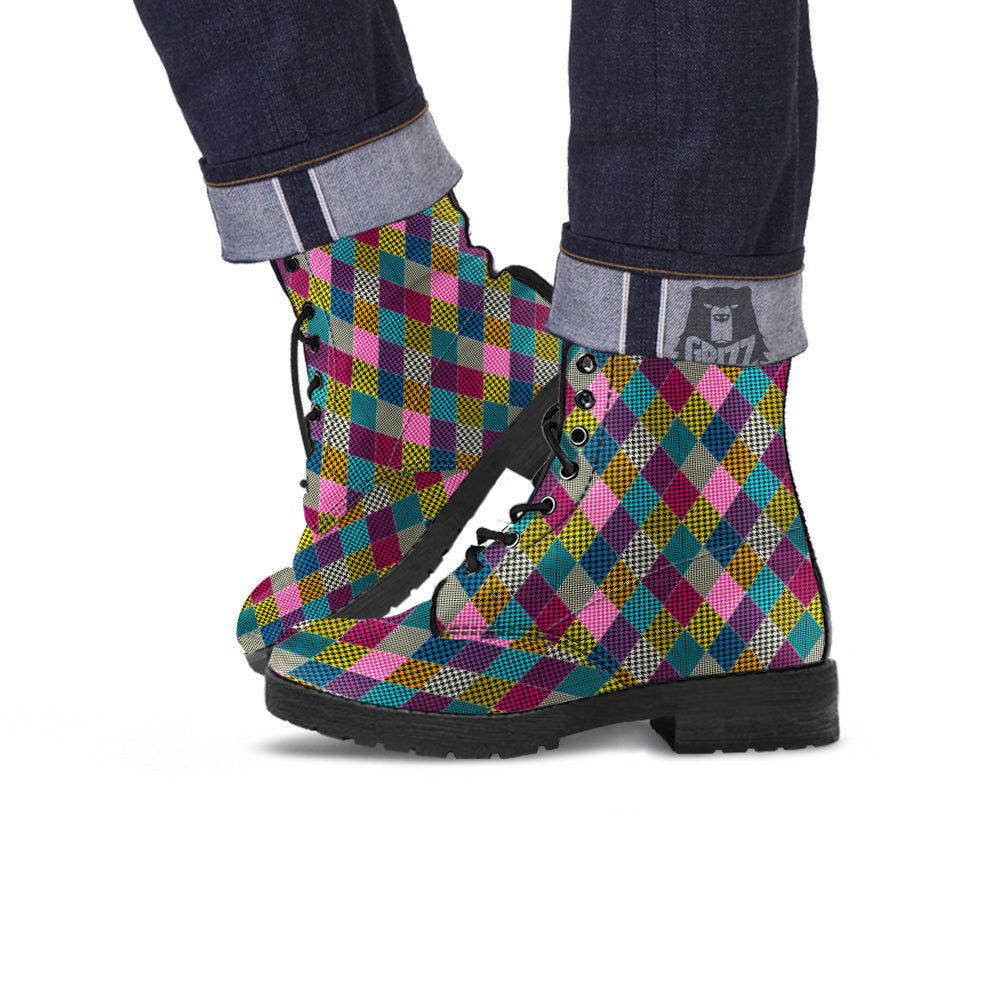 Rhombuses Houndstooth Colorful Print Pattern Leather Boots-grizzshop