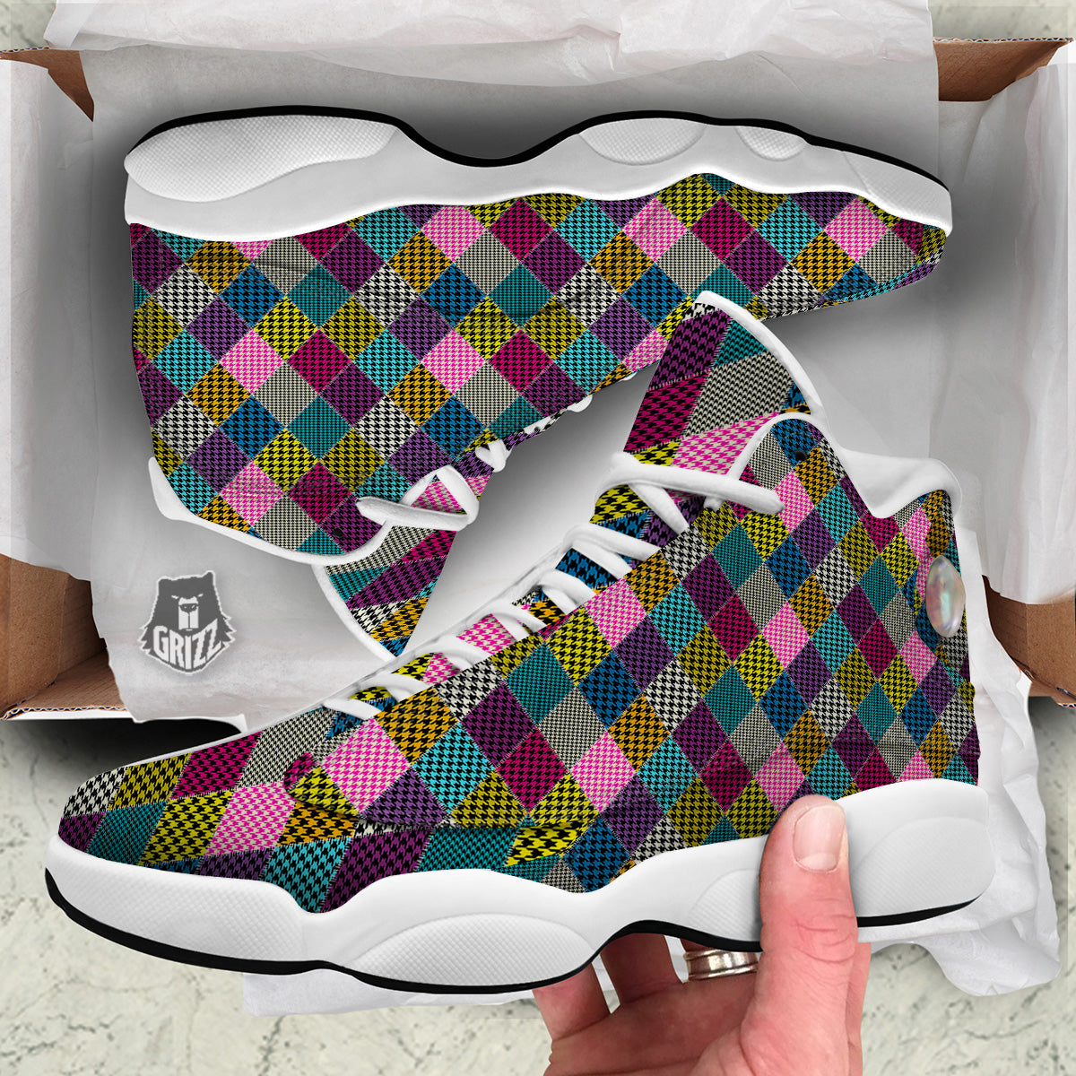 Rhombuses Houndstooth Colorful Print Pattern White Basketball Shoes-grizzshop