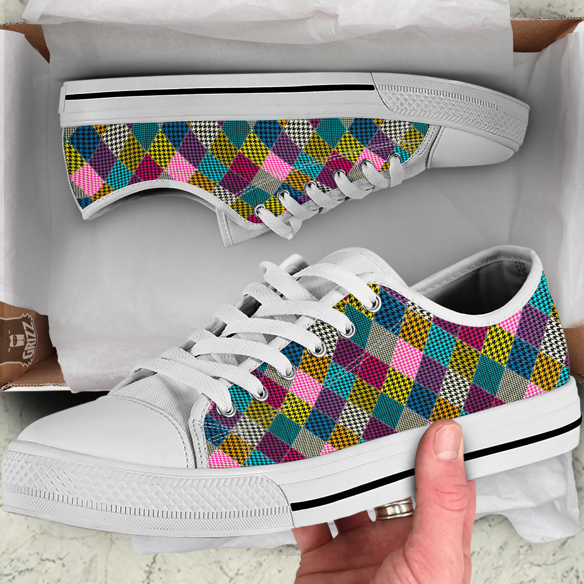Rhombuses Houndstooth Colorful Print Pattern White Low Top Shoes-grizzshop
