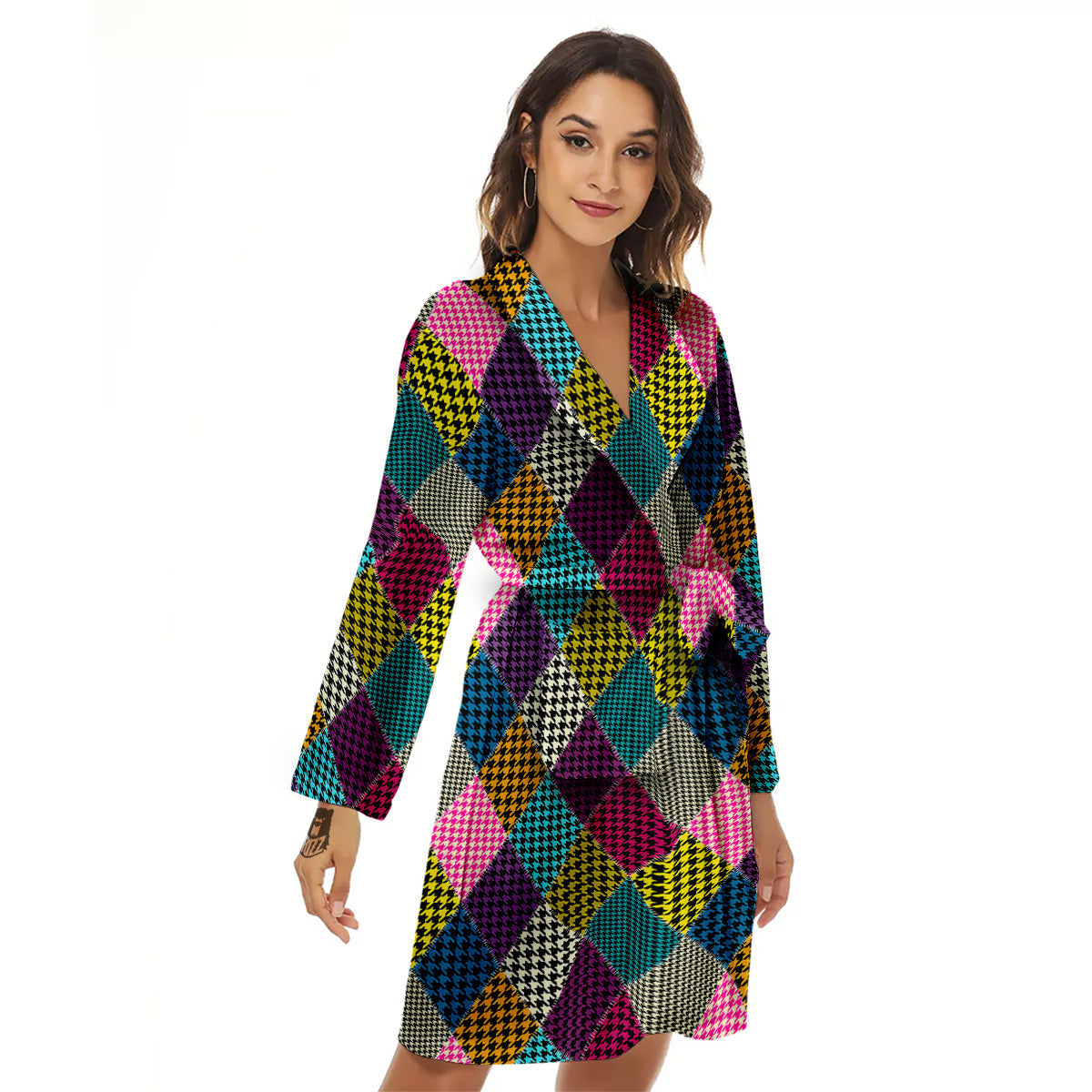 Rhombuses Houndstooth Colorful Print Pattern Women's Robe-grizzshop