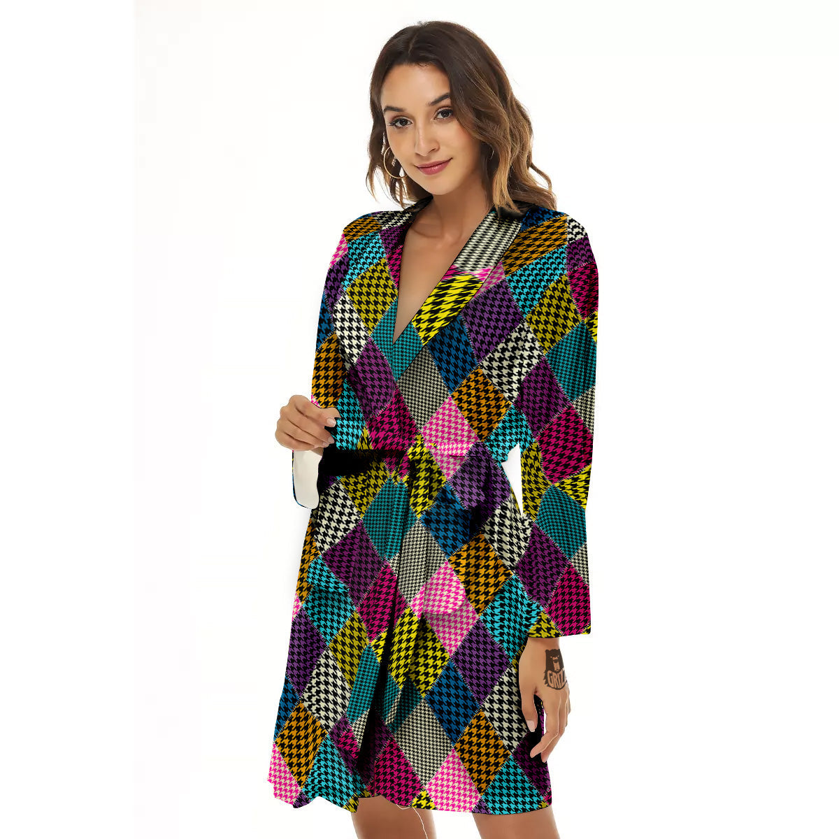 Rhombuses Houndstooth Colorful Print Pattern Women's Robe-grizzshop