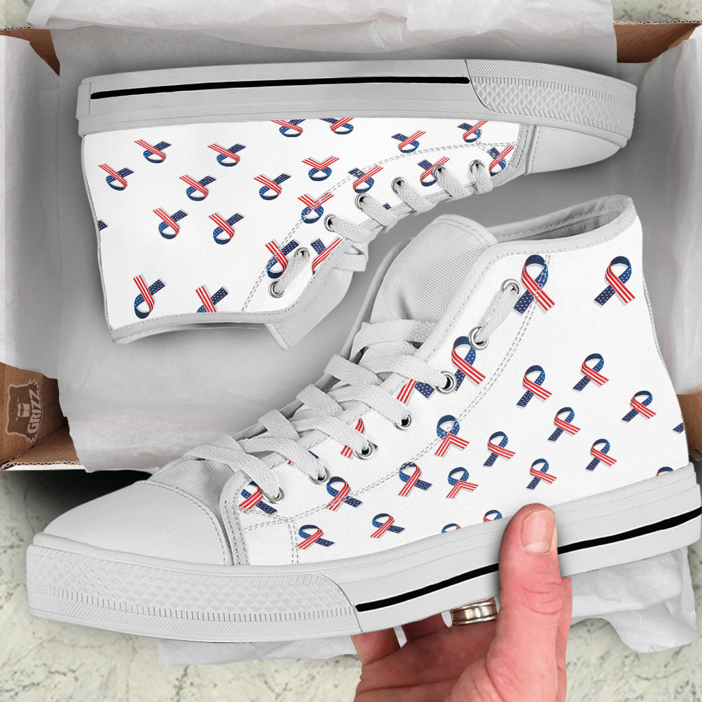 Ribbon American Flag Print Pattern White High Top Shoes-grizzshop