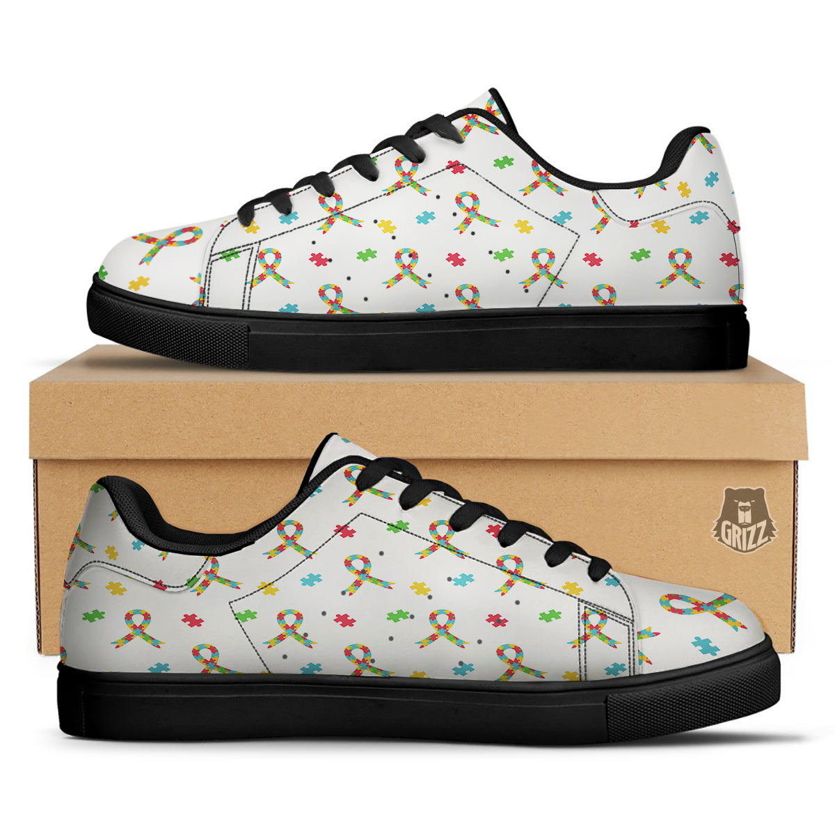 Ribbon Autism Awareness Print Pattern Black Low Top Sneakers-grizzshop
