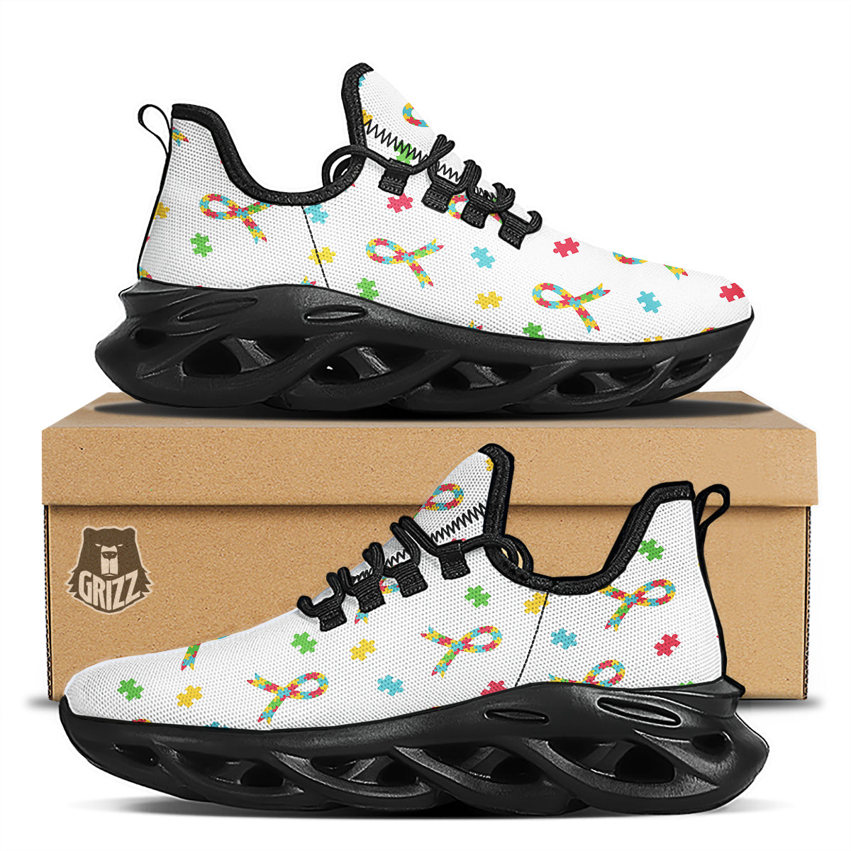 Ribbon Autism Awareness Print Pattern Black Running Shoes-grizzshop