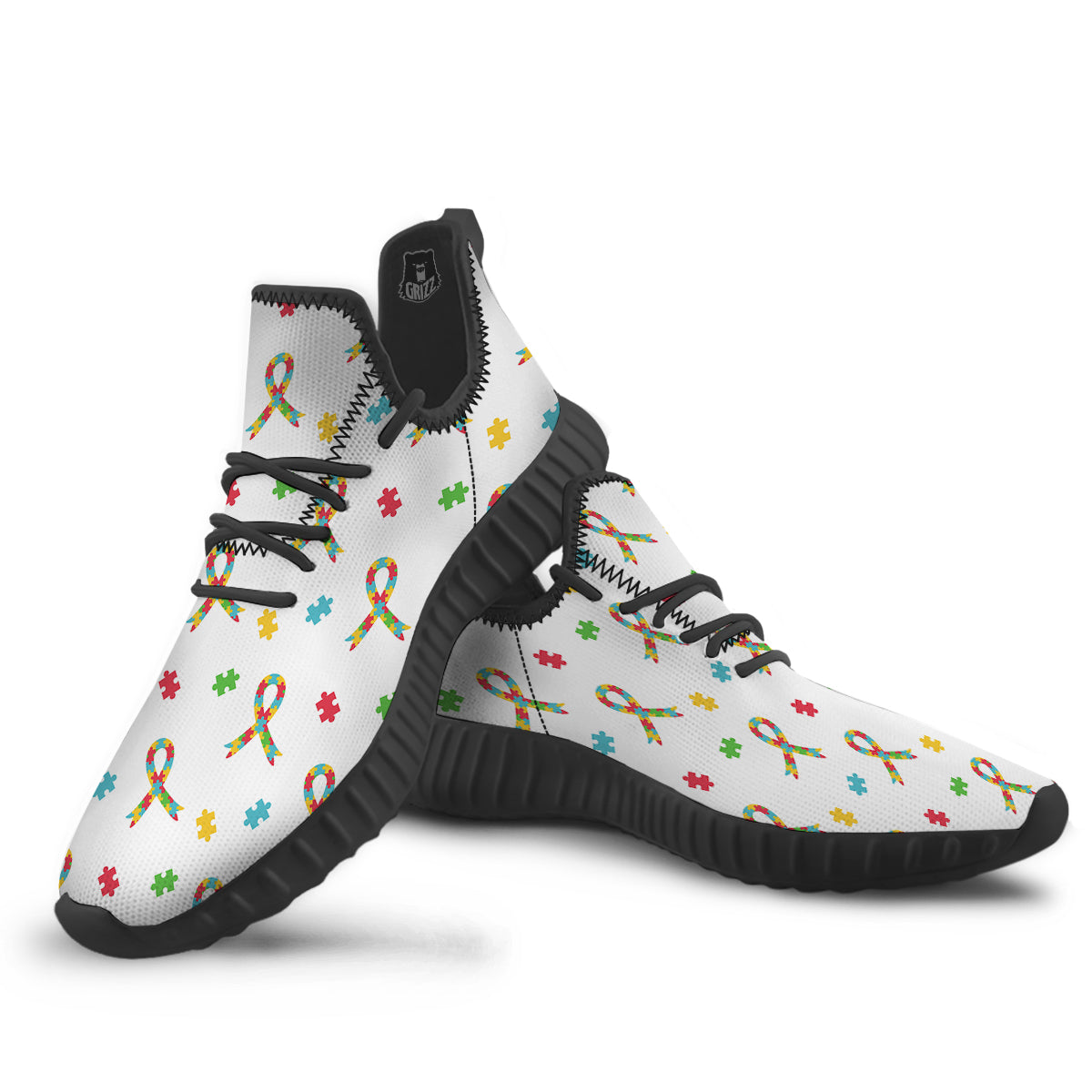 Ribbon Autism Awareness Print Pattern Black Walking Shoes-grizzshop