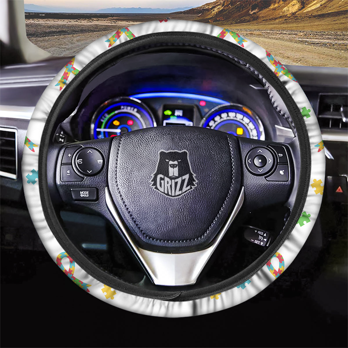 Ribbon Autism Awareness Print Pattern Car Steering Wheel Cover-grizzshop