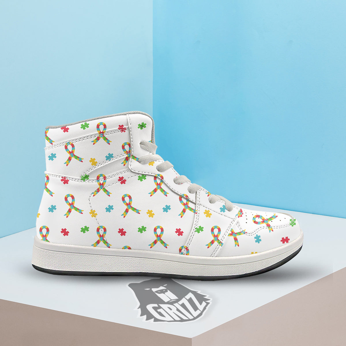 Ribbon Autism Awareness Print Pattern High Top Sneakers-grizzshop