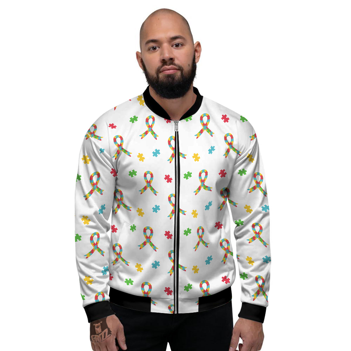 Ribbon Autism Awareness Print Pattern Men's Bomber Jacket-grizzshop