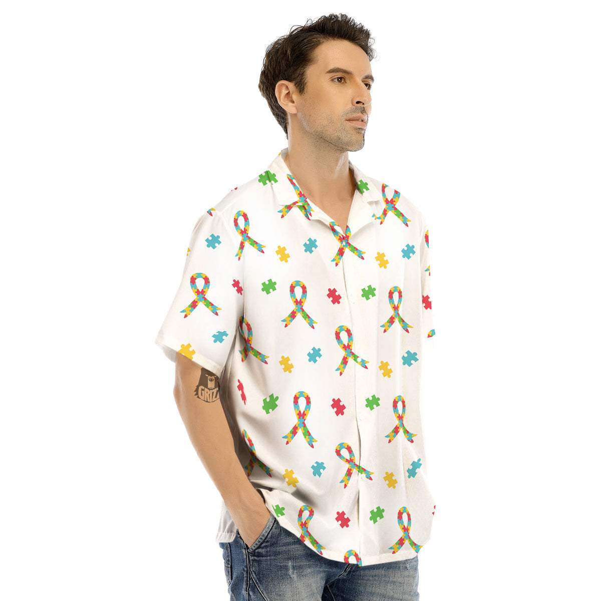 Ribbon Autism Awareness Print Pattern Men's Hawaiian Shirt-grizzshop