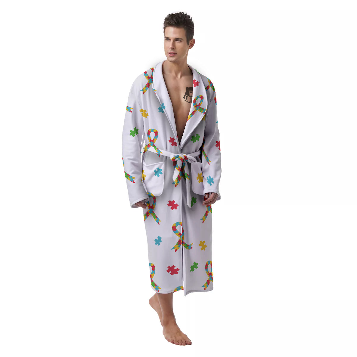 Ribbon Autism Awareness Print Pattern Men's Robe-grizzshop