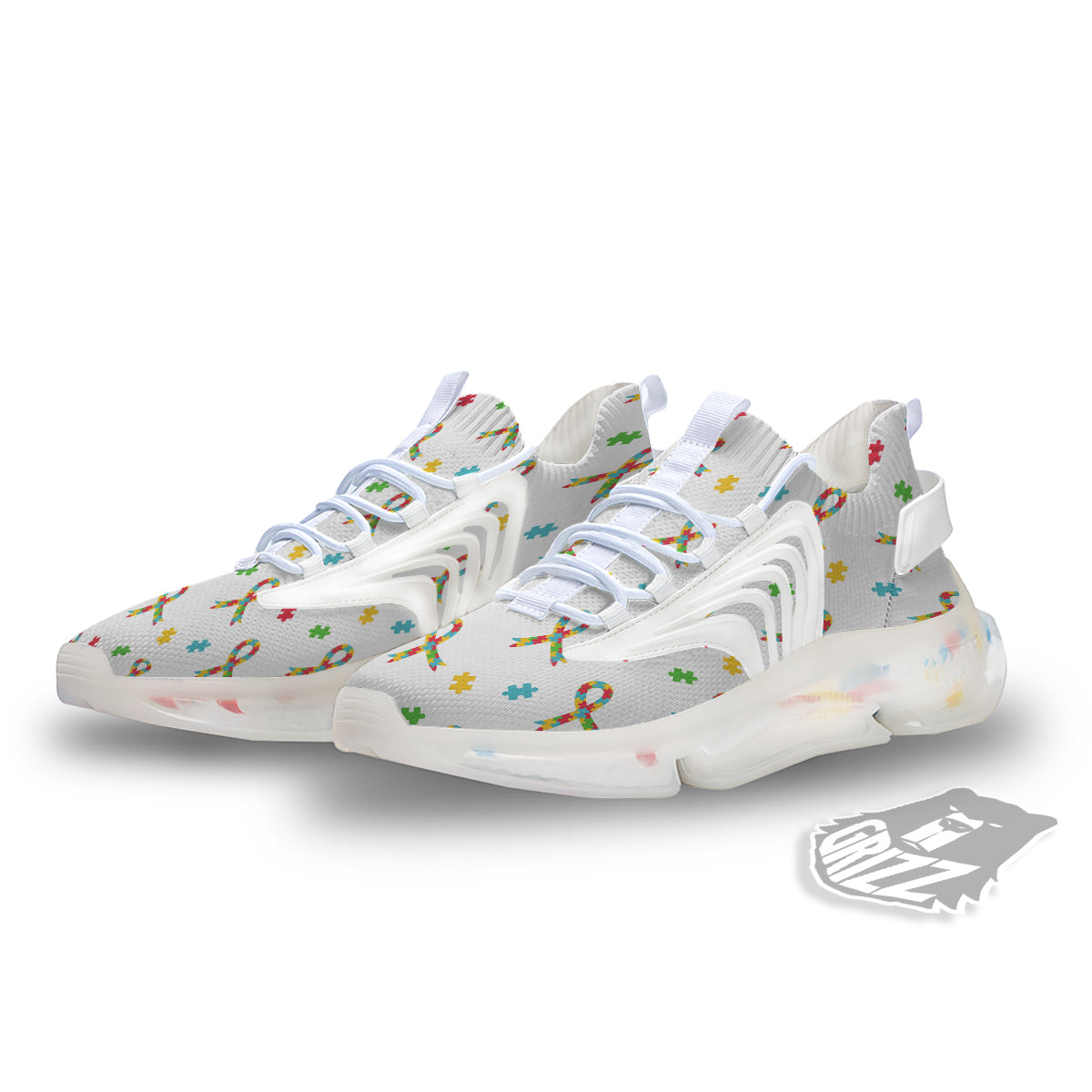 Ribbon Autism Awareness Print Pattern White Gym Shoes-grizzshop