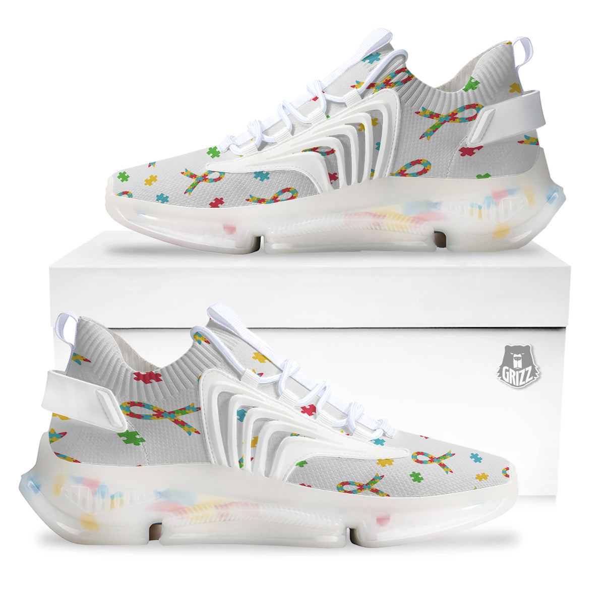 Ribbon Autism Awareness Print Pattern White Gym Shoes-grizzshop