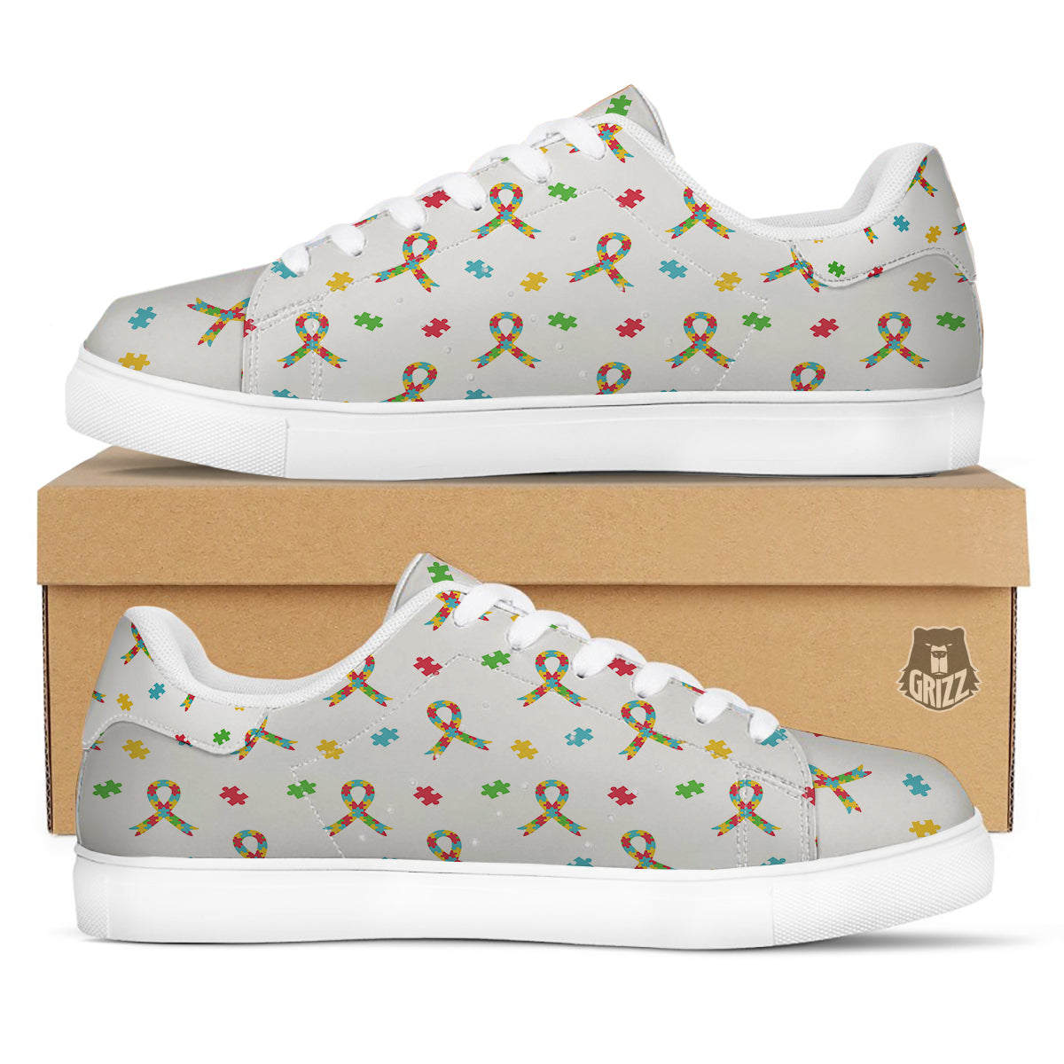 Ribbon Autism Awareness Print Pattern White Low Top Sneakers-grizzshop