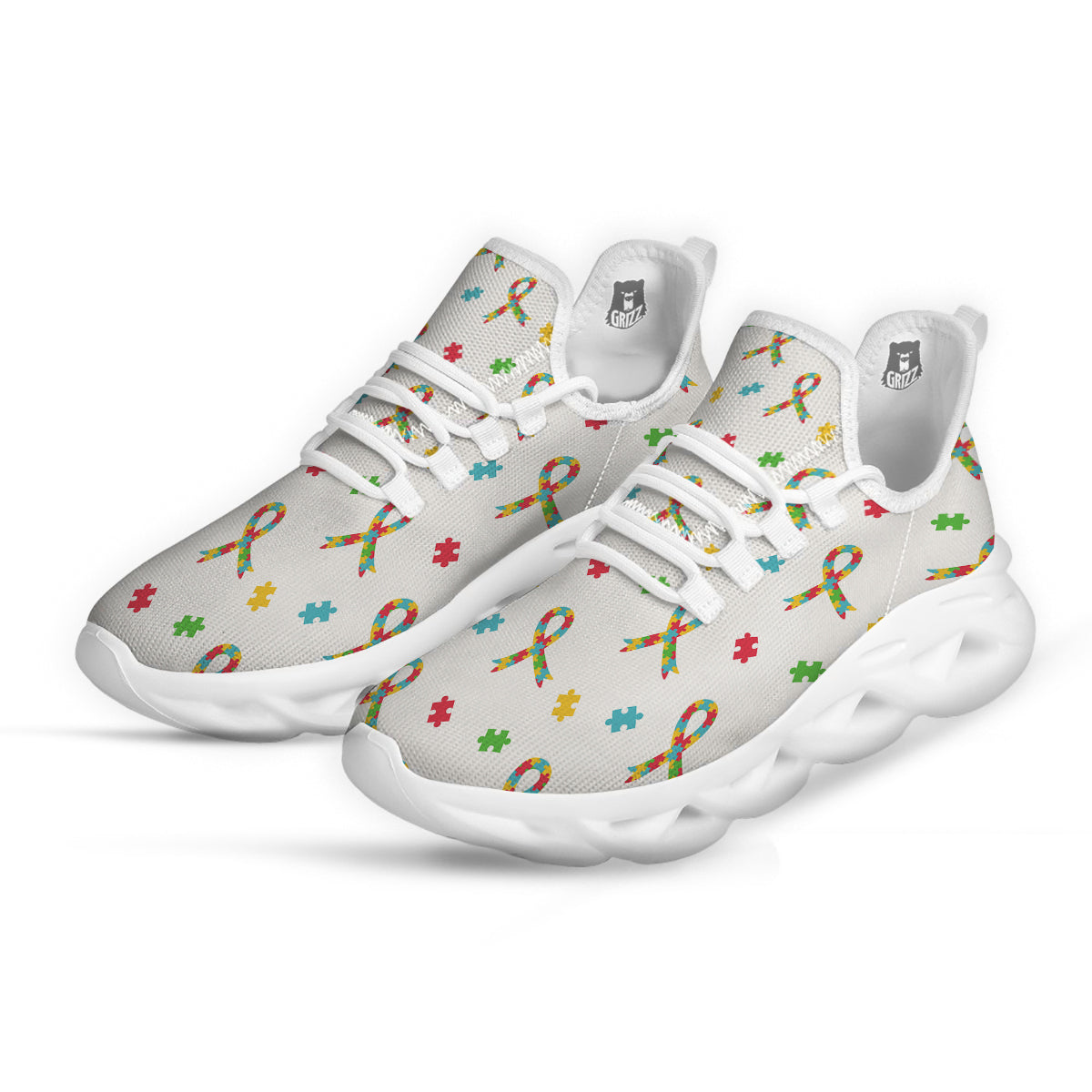 Ribbon Autism Awareness Print Pattern White Running Shoes-grizzshop