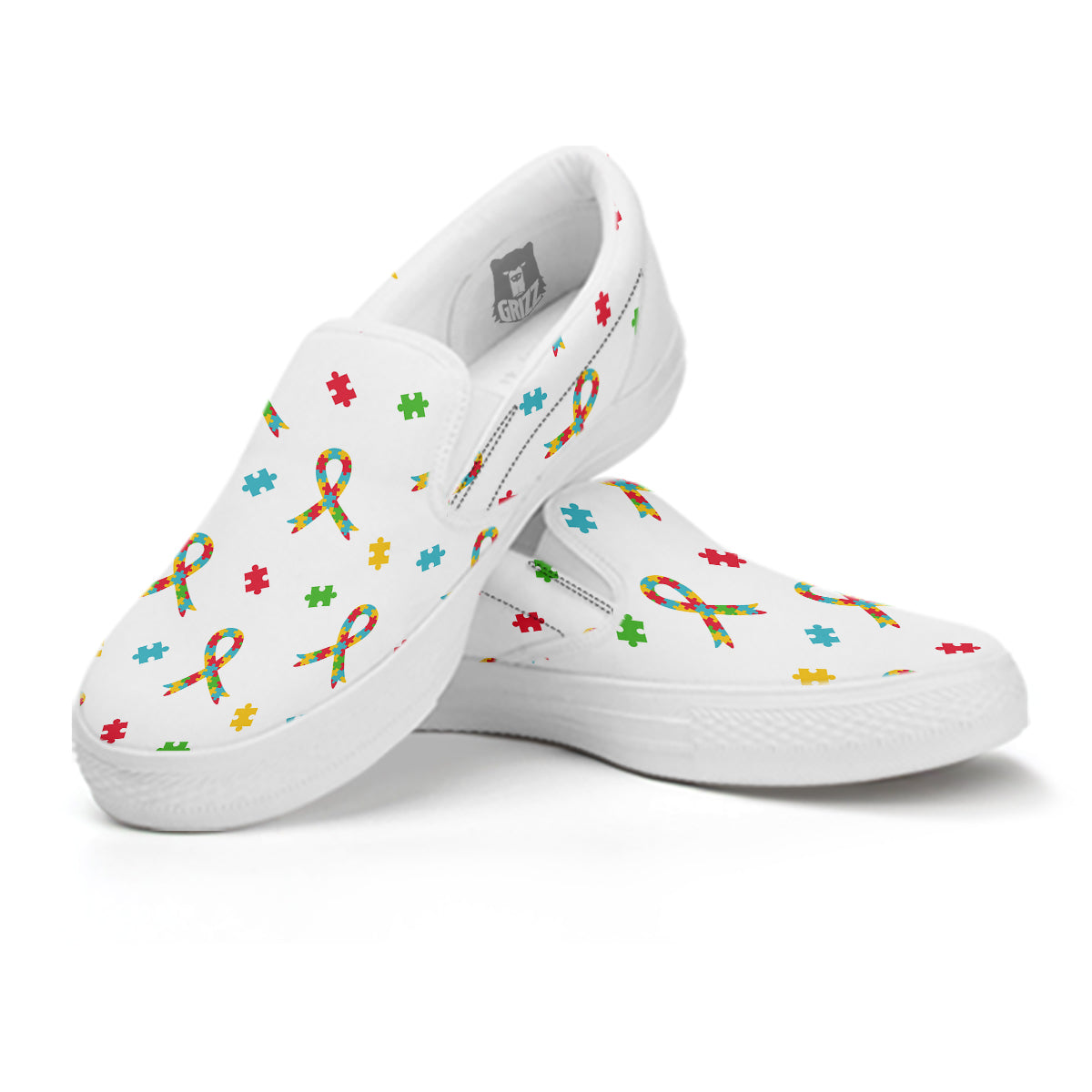 Ribbon Autism Awareness Print Pattern White Slip On Shoes-grizzshop