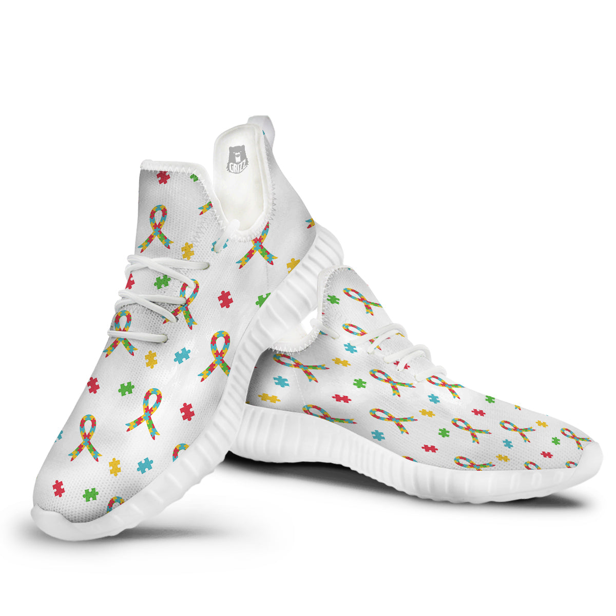 Ribbon Autism Awareness Print Pattern White Walking Shoes-grizzshop