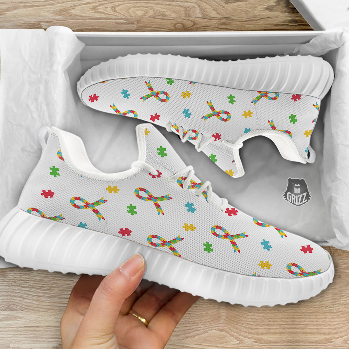 Ribbon Autism Awareness Print Pattern White Walking Shoes-grizzshop