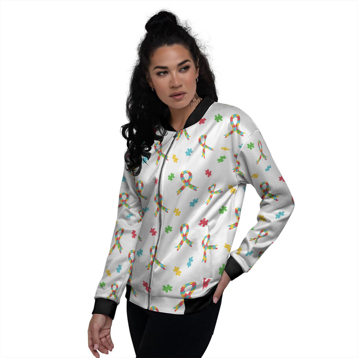 Ribbon Autism Awareness Print Pattern Women's Bomber Jacket-grizzshop