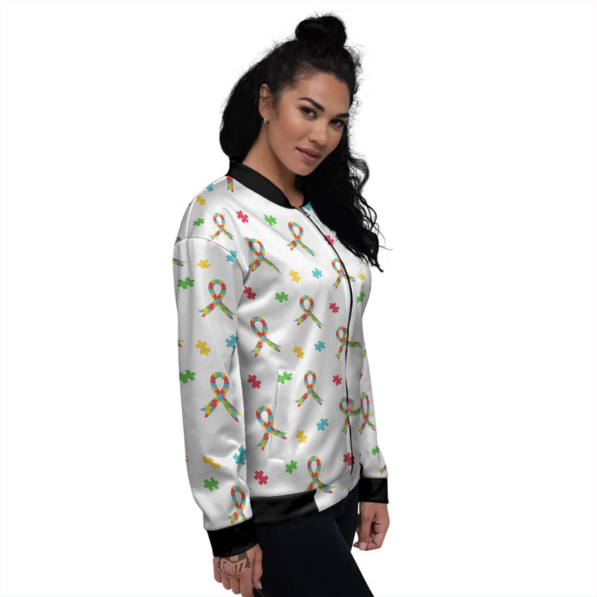 Ribbon Autism Awareness Print Pattern Women's Bomber Jacket-grizzshop