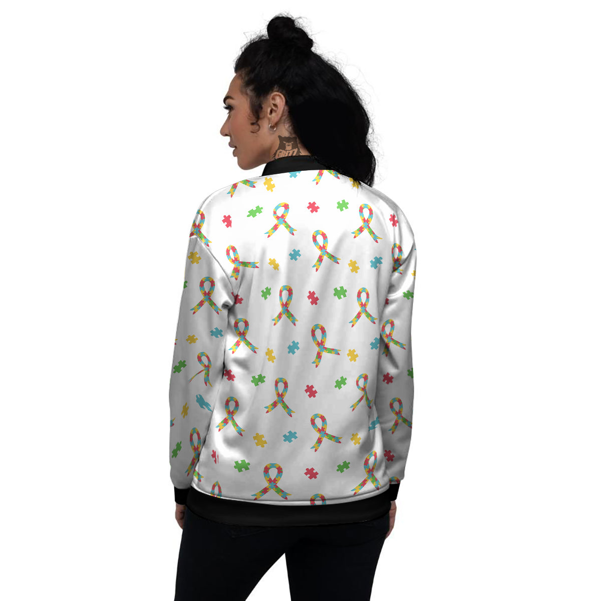 Ribbon Autism Awareness Print Pattern Women's Bomber Jacket-grizzshop