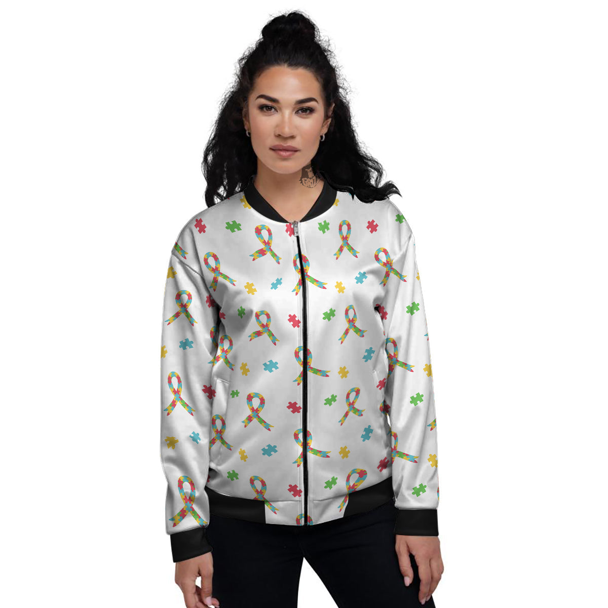 Ribbon Autism Awareness Print Pattern Women's Bomber Jacket-grizzshop