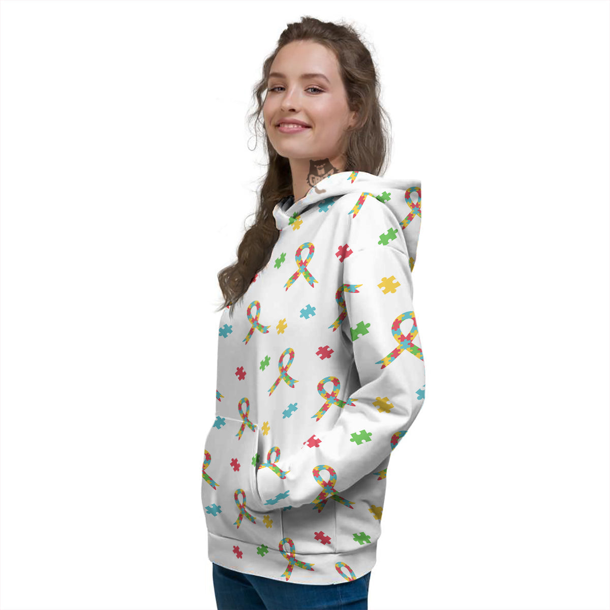 Ribbon Autism Awareness Print Pattern Women's Hoodie-grizzshop