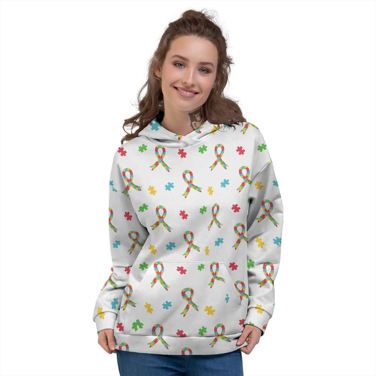 Ribbon Autism Awareness Print Pattern Women's Hoodie-grizzshop