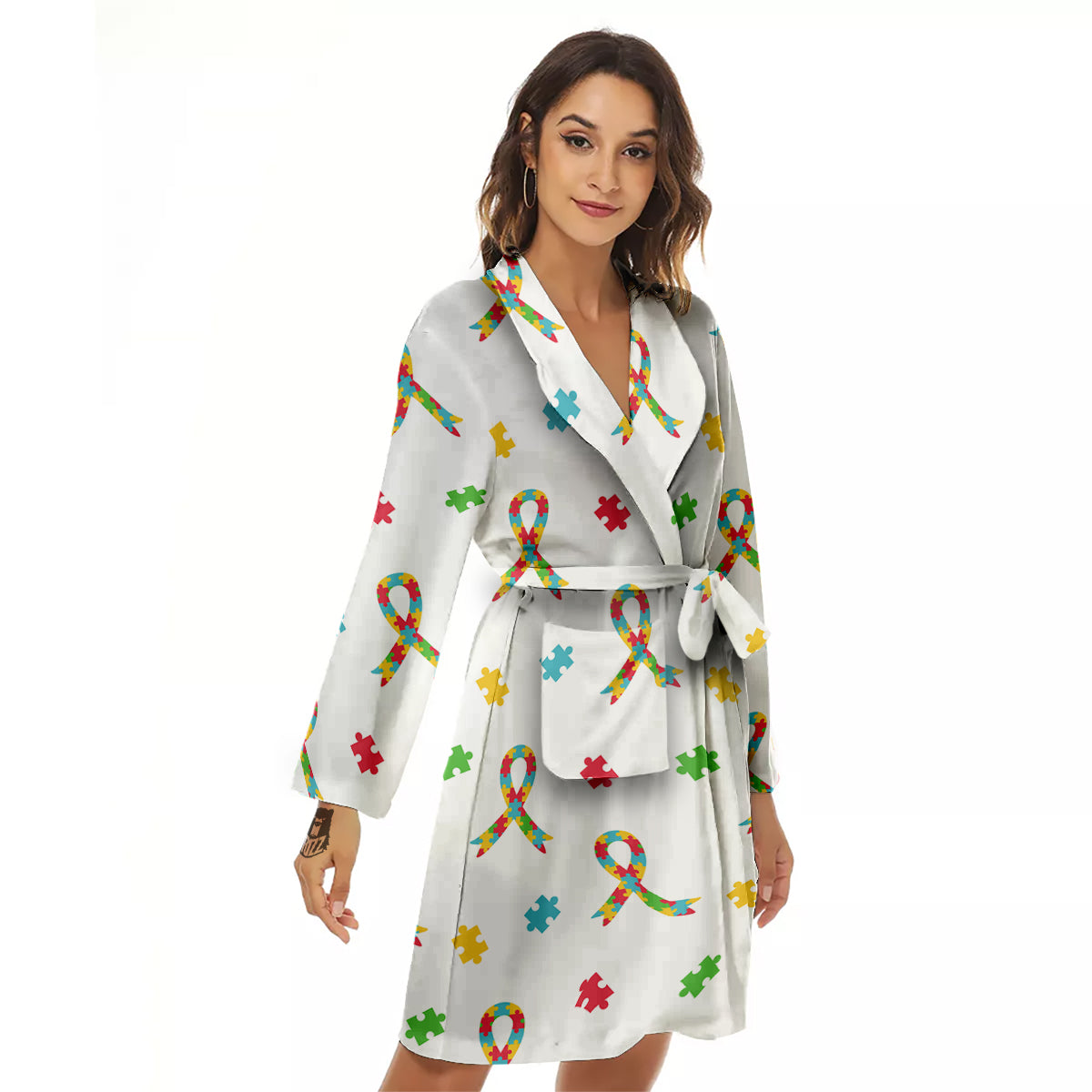 Ribbon Autism Awareness Print Pattern Women's Robe-grizzshop