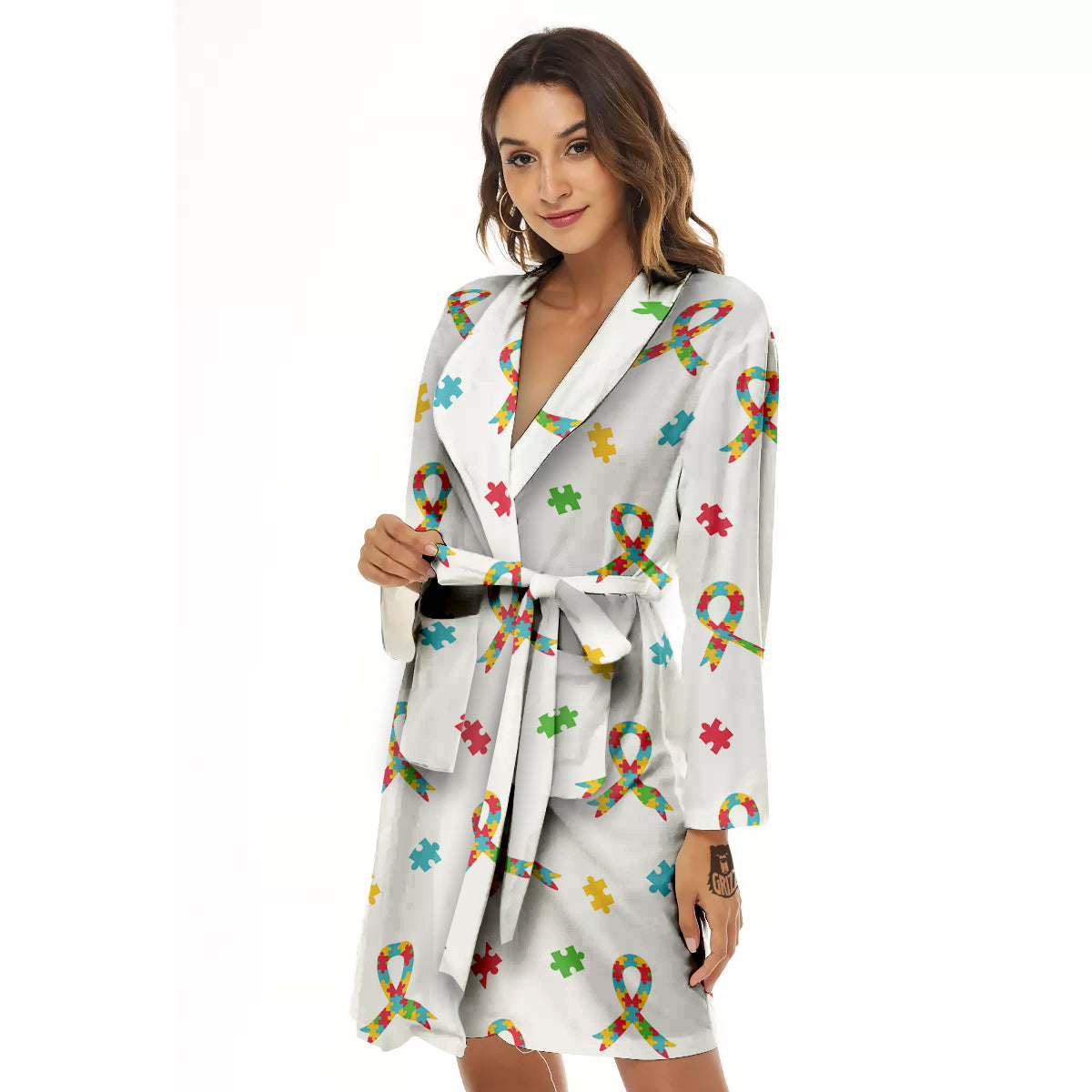 Ribbon Autism Awareness Print Pattern Women's Robe-grizzshop