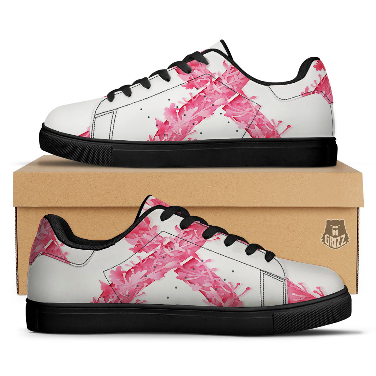 Ribbon Flower Pink Breast Cancer Print Black Low Top Sneakers-grizzshop