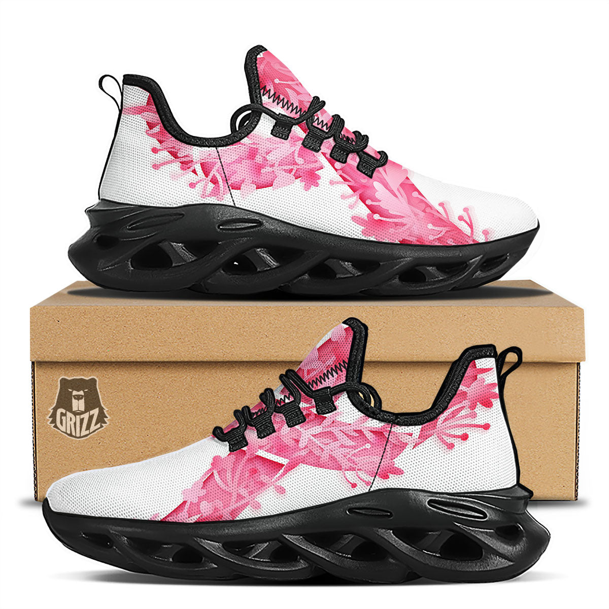 Ribbon Flower Pink Breast Cancer Print Black Running Shoes-grizzshop