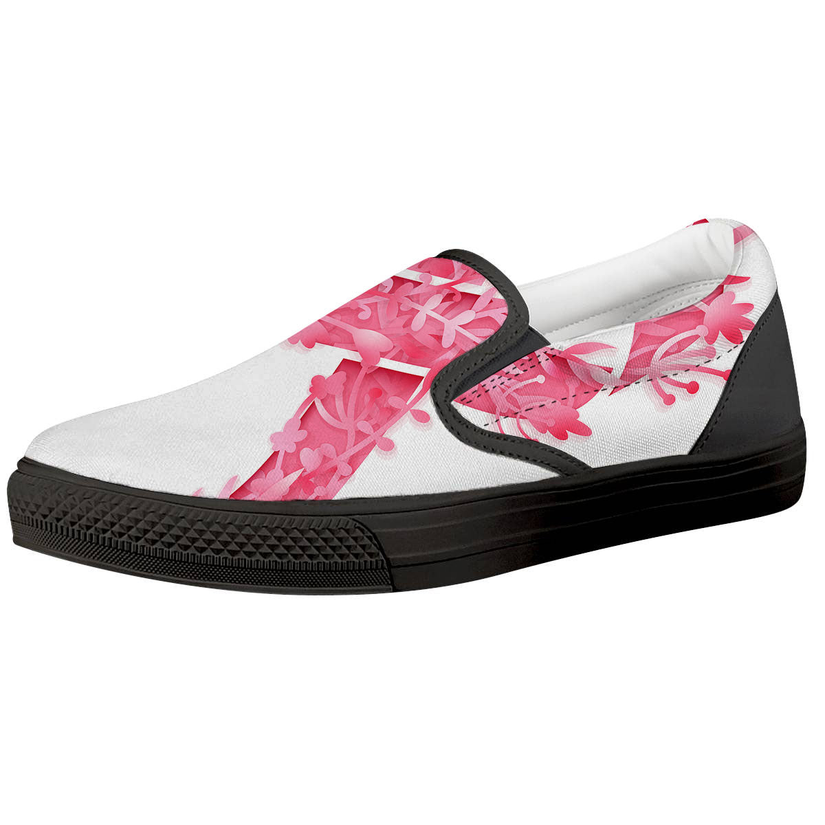 Ribbon Flower Pink Breast Cancer Print Black Slip On Shoes-grizzshop