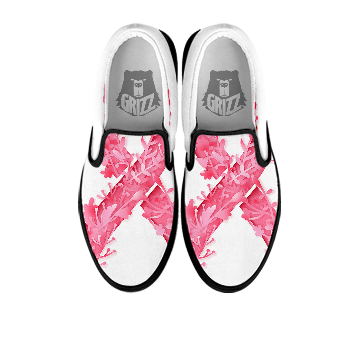 Ribbon Flower Pink Breast Cancer Print Black Slip On Shoes-grizzshop