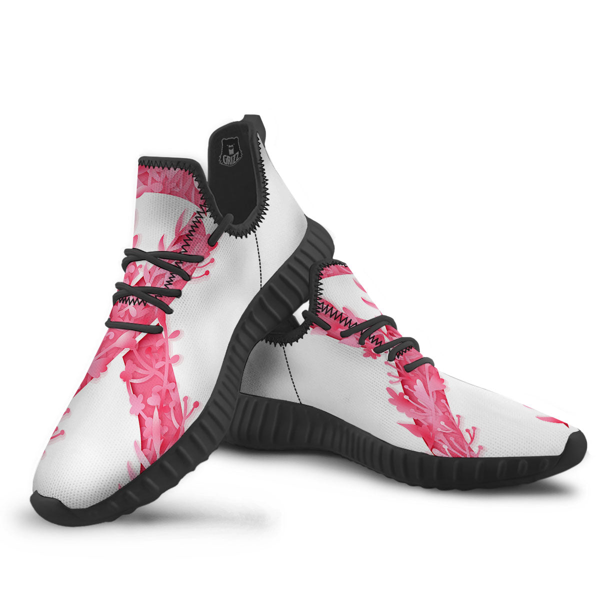 Ribbon Flower Pink Breast Cancer Print Black Walking Shoes-grizzshop