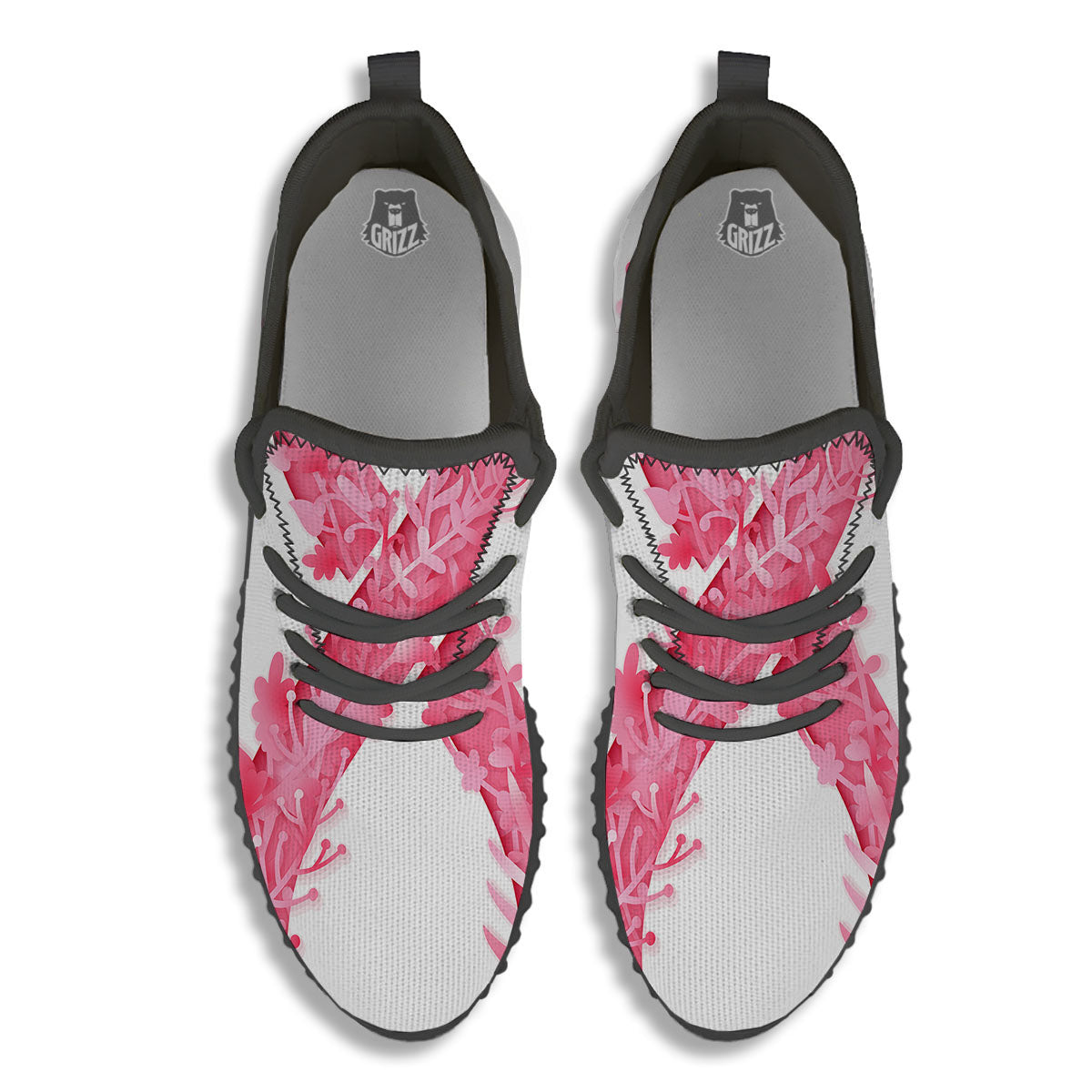 Ribbon Flower Pink Breast Cancer Print Black Walking Shoes-grizzshop