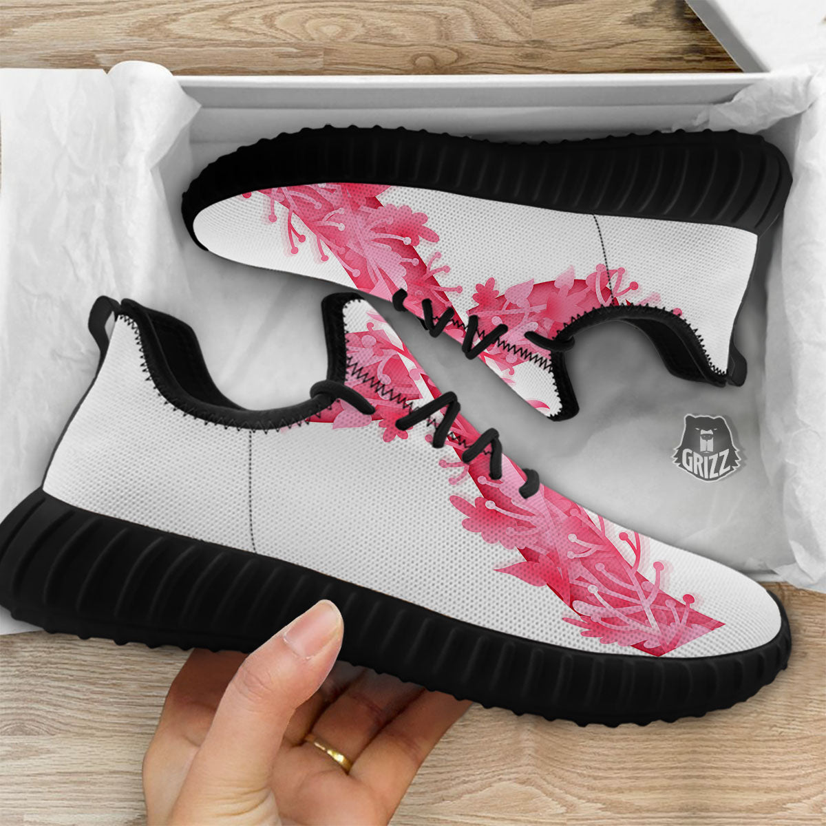 Ribbon Flower Pink Breast Cancer Print Black Walking Shoes-grizzshop