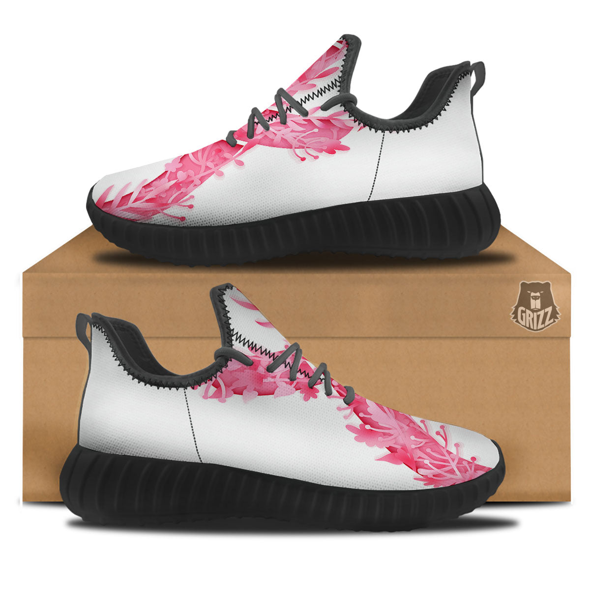 Ribbon Flower Pink Breast Cancer Print Black Walking Shoes-grizzshop