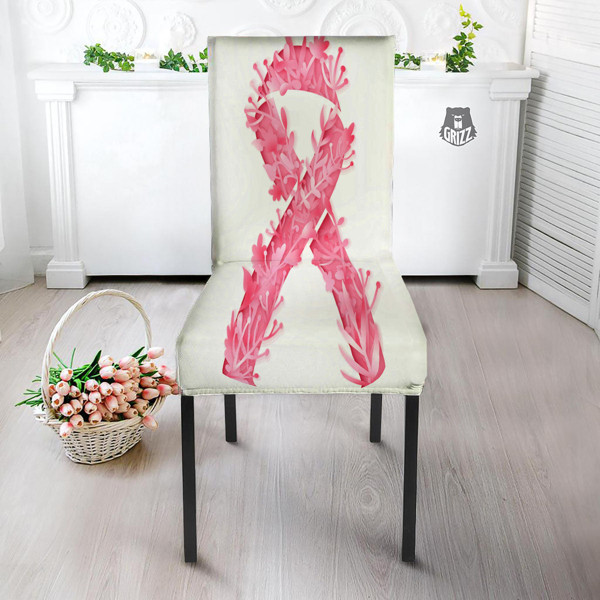 Ribbon Flower Pink Breast Cancer Print Dining Chair Slipcover-grizzshop