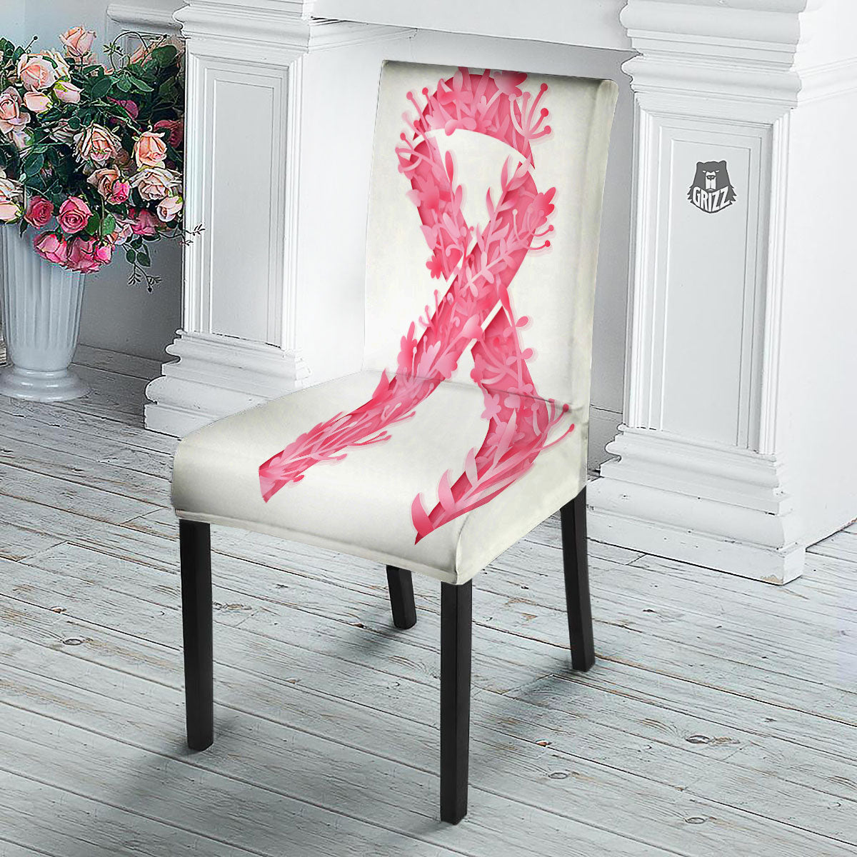 Ribbon Flower Pink Breast Cancer Print Dining Chair Slipcover-grizzshop
