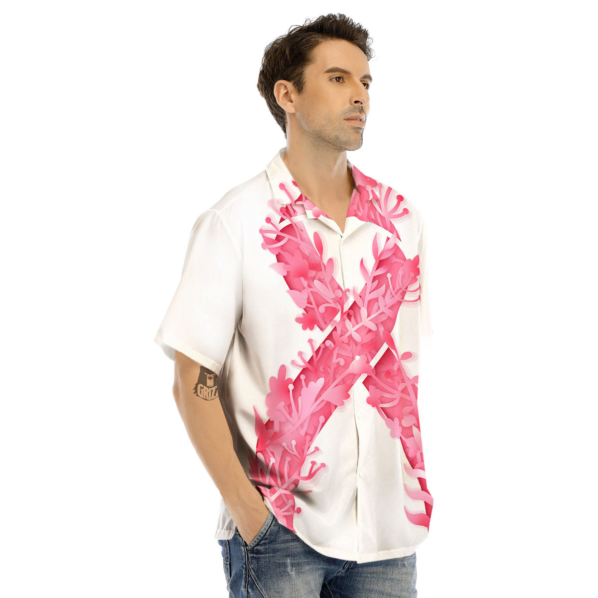 Ribbon Flower Pink Breast Cancer Print Men's Hawaiian Shirt-grizzshop