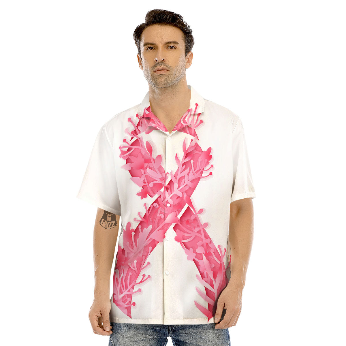 Ribbon Flower Pink Breast Cancer Print Men's Hawaiian Shirt-grizzshop