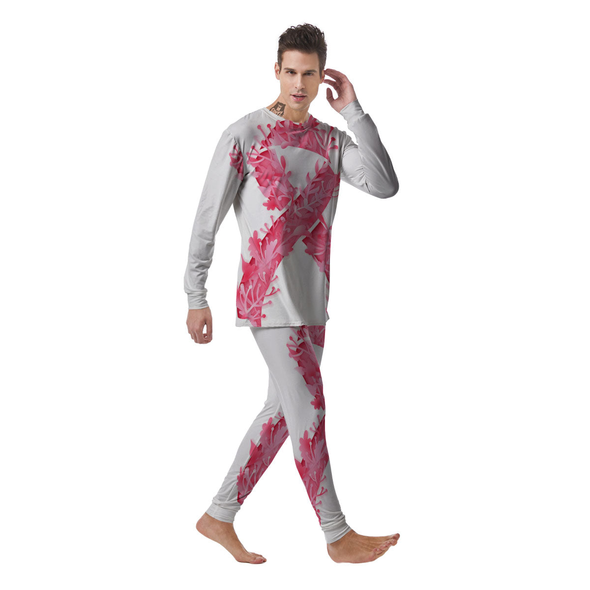 Ribbon Flower Pink Breast Cancer Print Men's Pajamas-grizzshop
