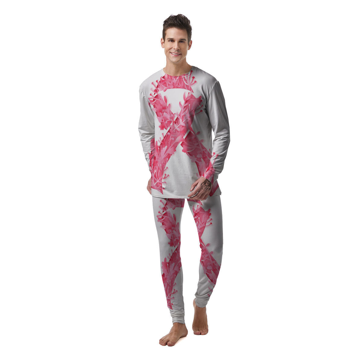 Ribbon Flower Pink Breast Cancer Print Men's Pajamas-grizzshop