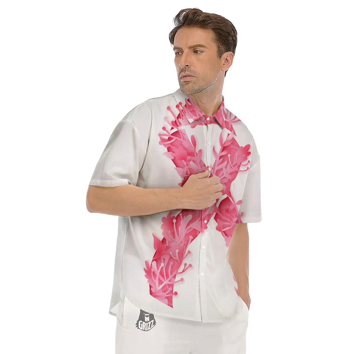 Ribbon Flower Pink Breast Cancer Print Men's Short Sleeve Shirts-grizzshop
