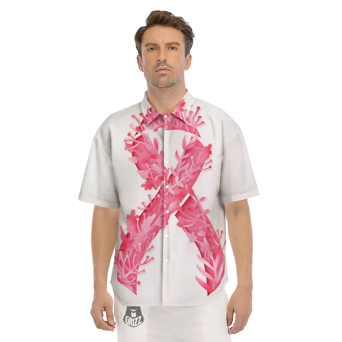 Ribbon Flower Pink Breast Cancer Print Men's Short Sleeve Shirts-grizzshop