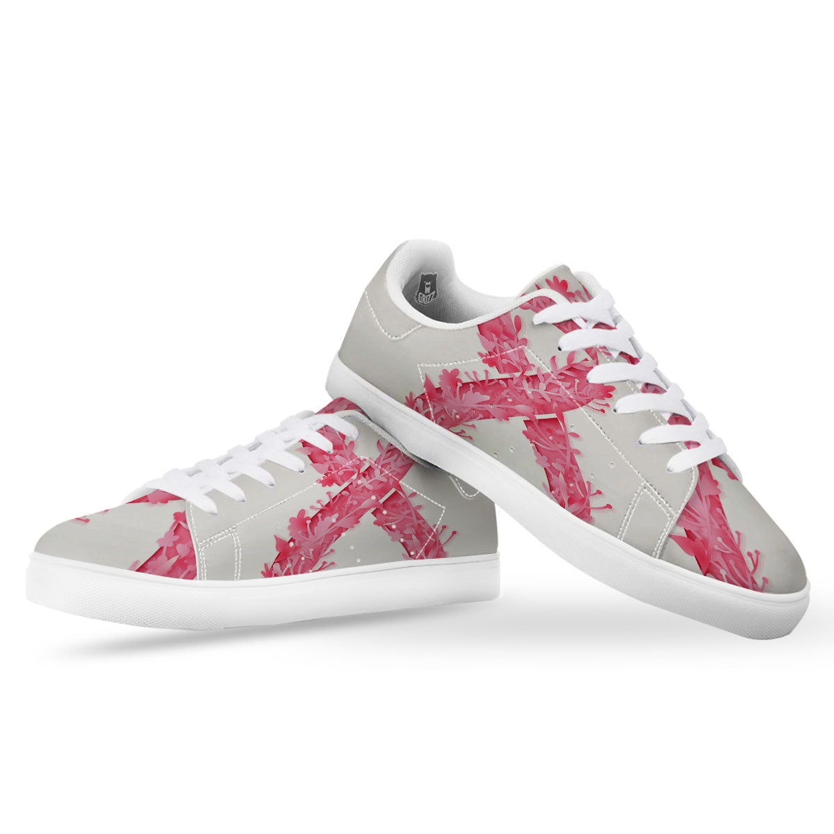 Ribbon Flower Pink Breast Cancer Print White Low Top Sneakers-grizzshop