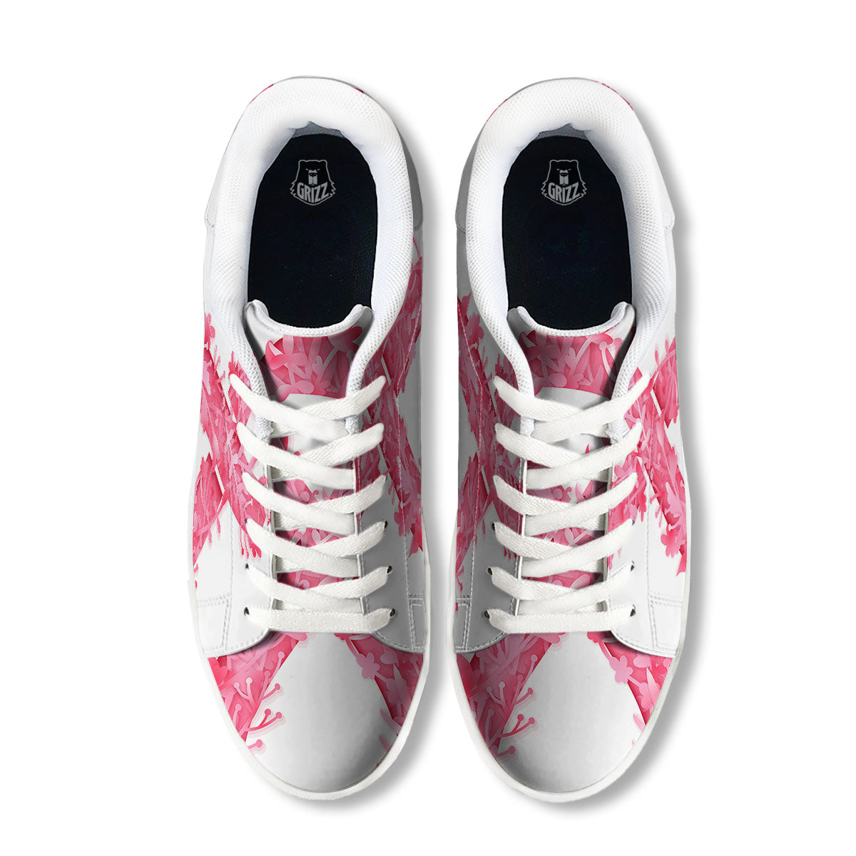 Ribbon Flower Pink Breast Cancer Print White Low Top Sneakers-grizzshop