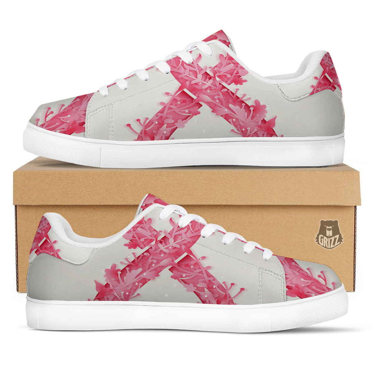 Ribbon Flower Pink Breast Cancer Print White Low Top Sneakers-grizzshop