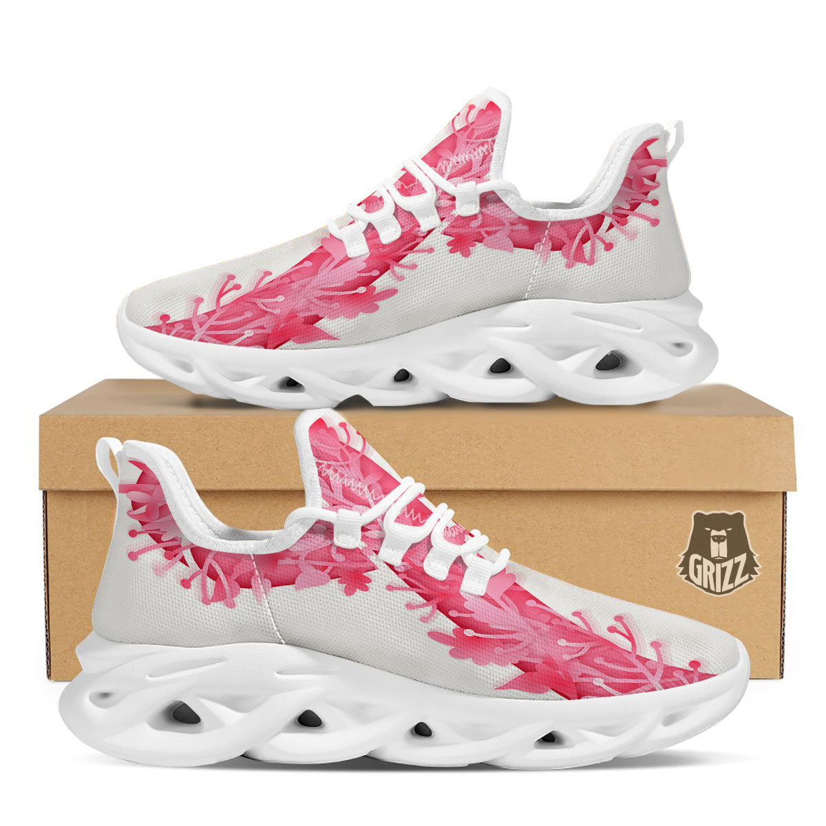 Ribbon Flower Pink Breast Cancer Print White Running Shoes-grizzshop